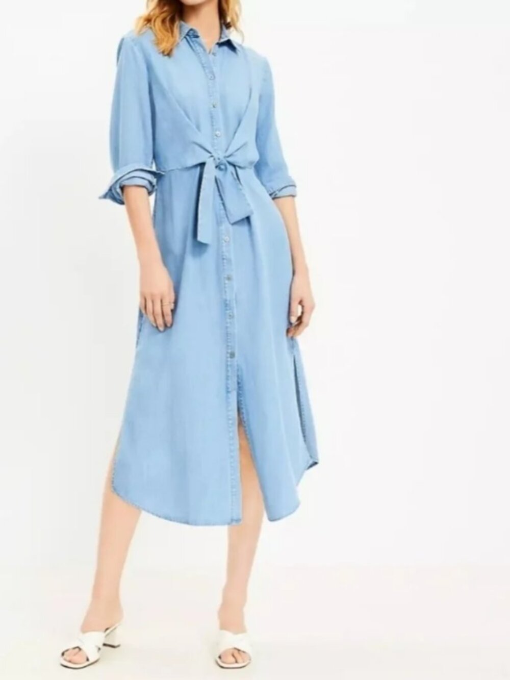 NWT Loft Tie Front Midi Shirt Dress, Lyoicell/Linen Blend Chambray - Womens 8